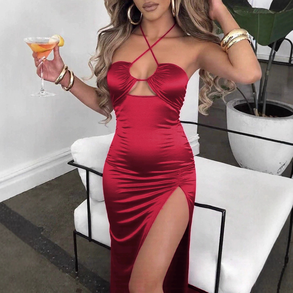 Zara Halter Neck Cutout Lace Up Side High Slit Long Nightclub Dress
